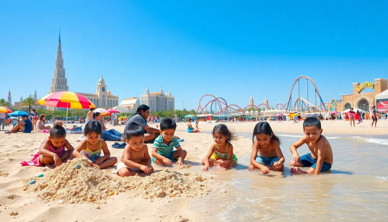 family enjoying outdoor activities at a Dubai beach.