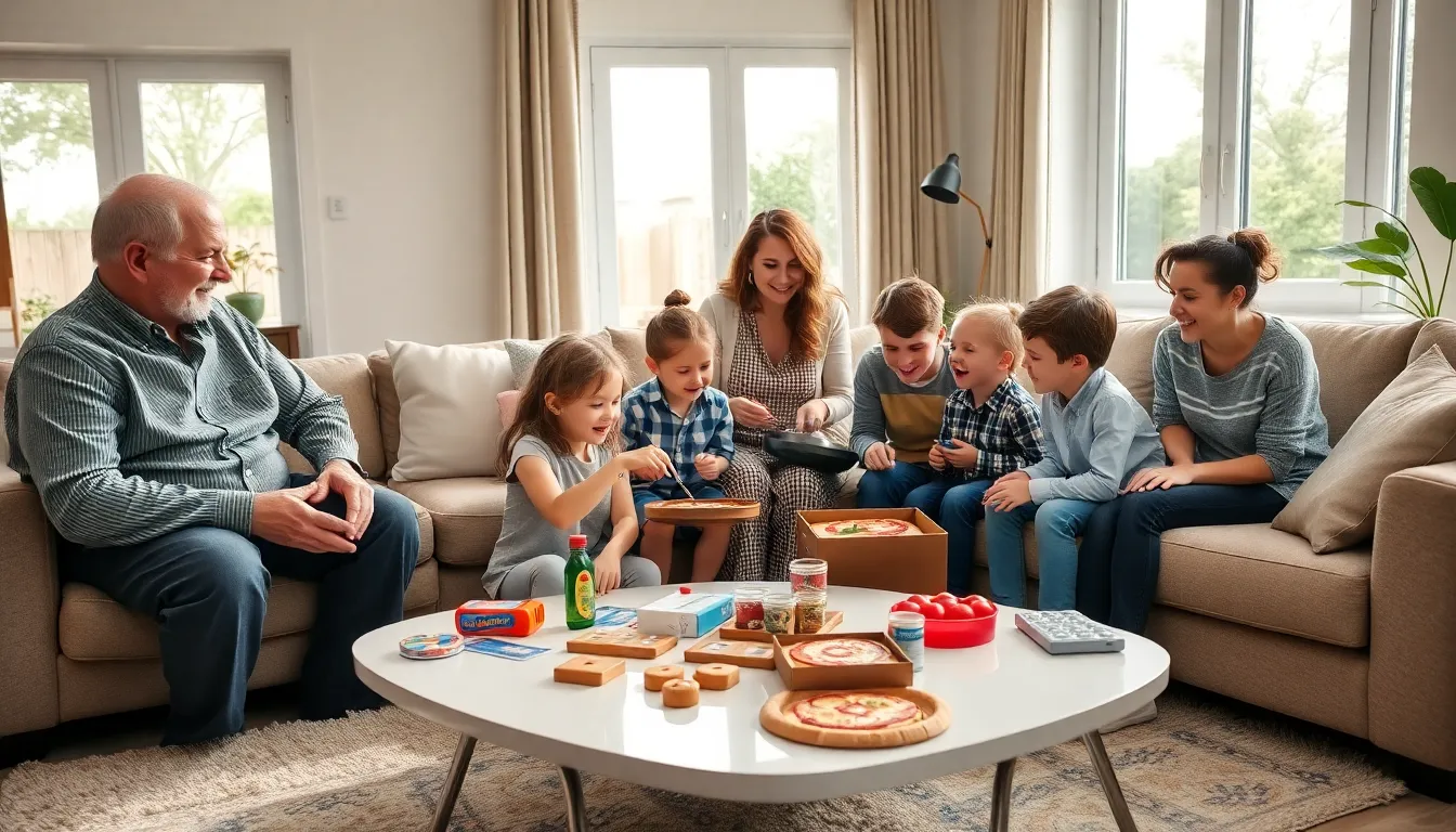 diverse family playing games and cooking together in a cozy living room.