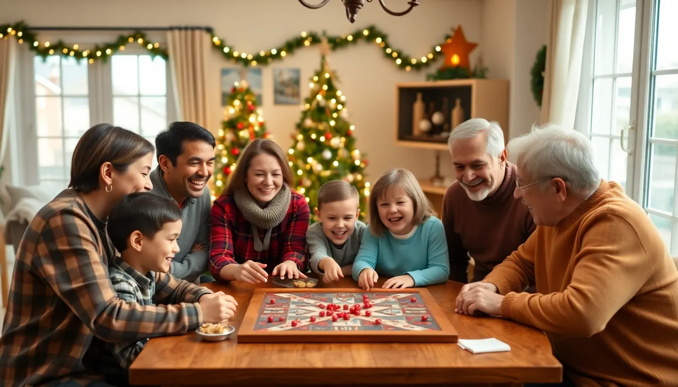 Family enjoying games together in a cozy holiday setting.