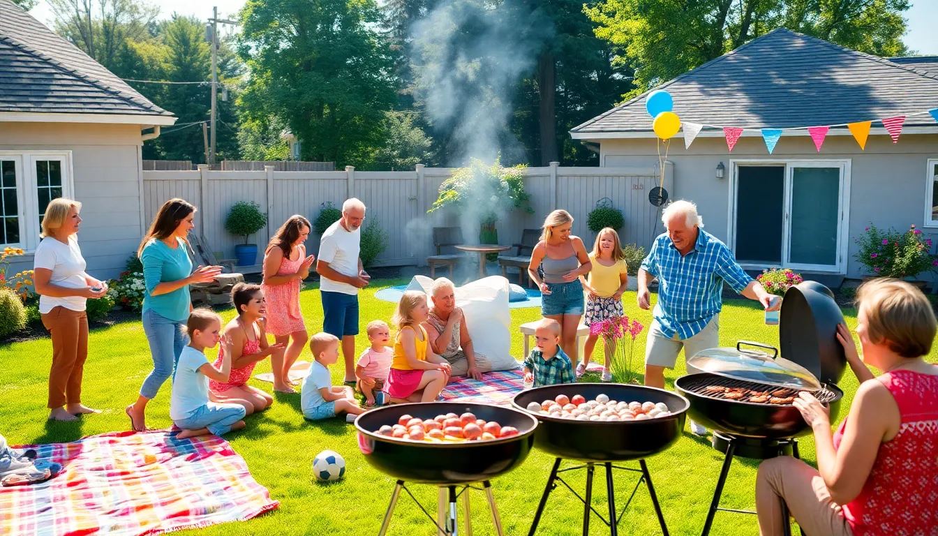 A diverse family enjoying games and activities at a reunion in a sunny backyard.