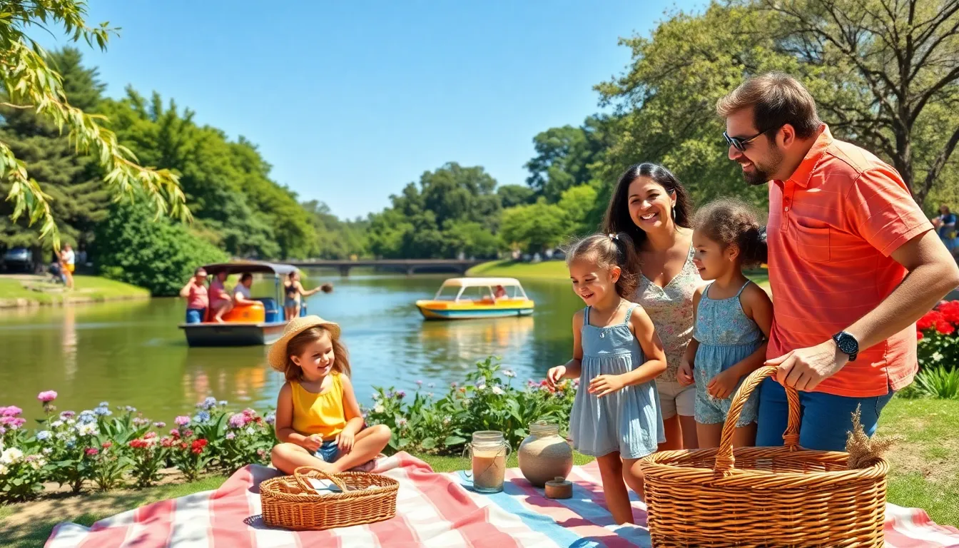 family enjoying a picnic and paddle boating in Brackenridge Park.
