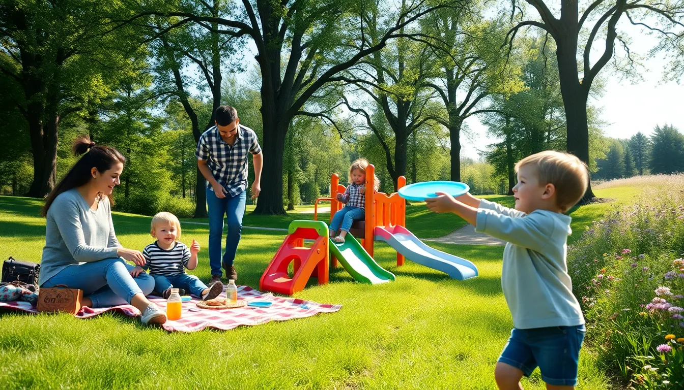 family enjoying a picnic and playtime in a local park.
