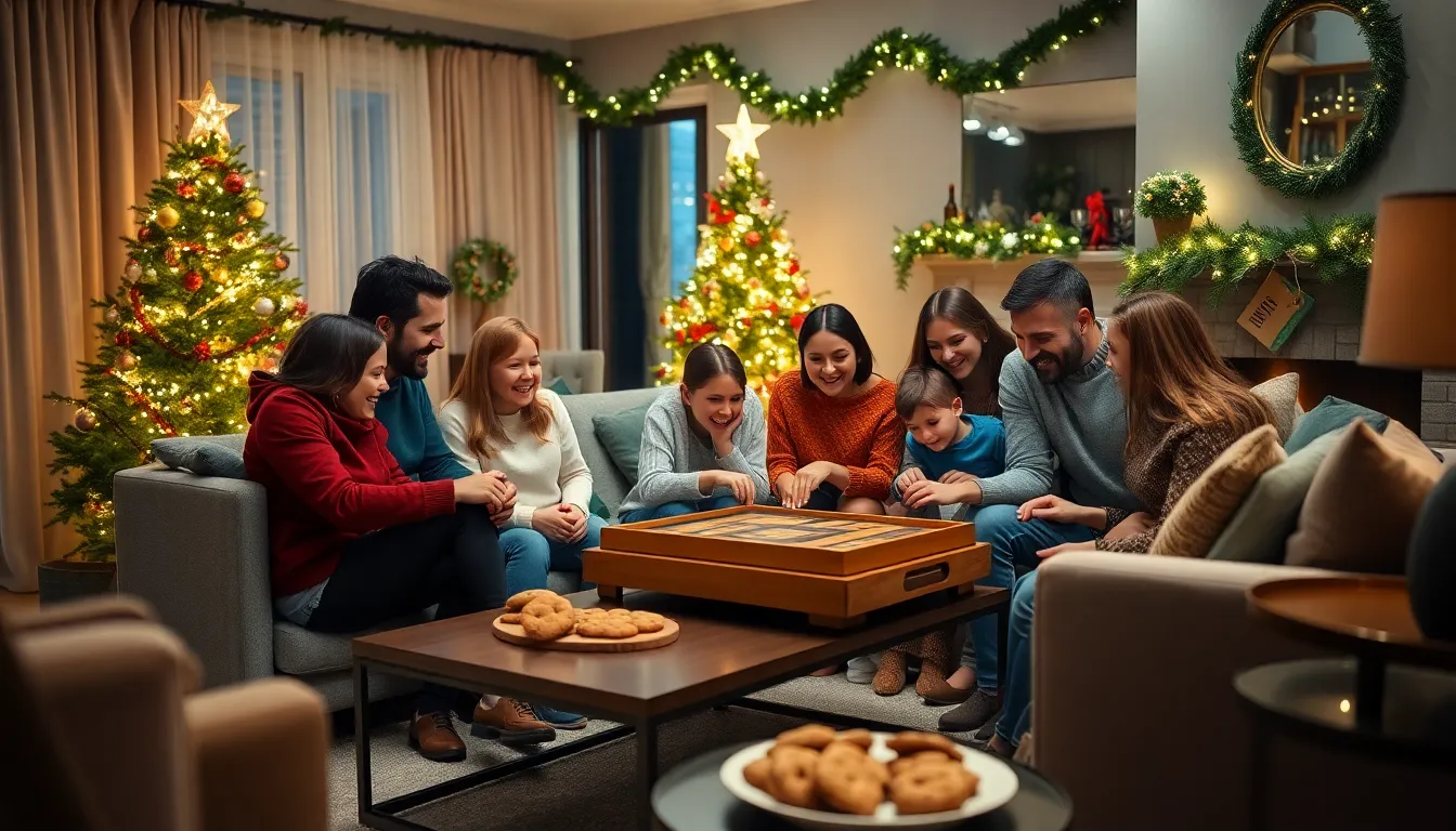 family enjoying a holiday game in a cozy living room setting.