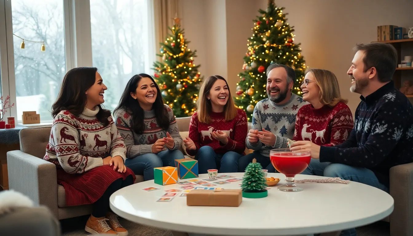 adults playing Christmas games in a festive living room.
