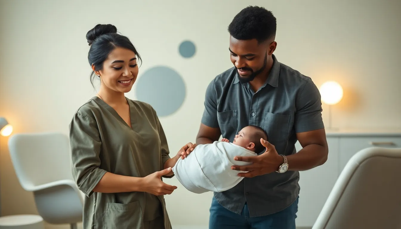 caregivers comforting a crying newborn in a cozy modern nursery.