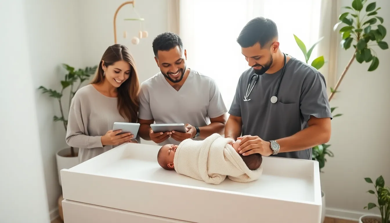 caregivers interacting with a grunting newborn in a modern nursery.